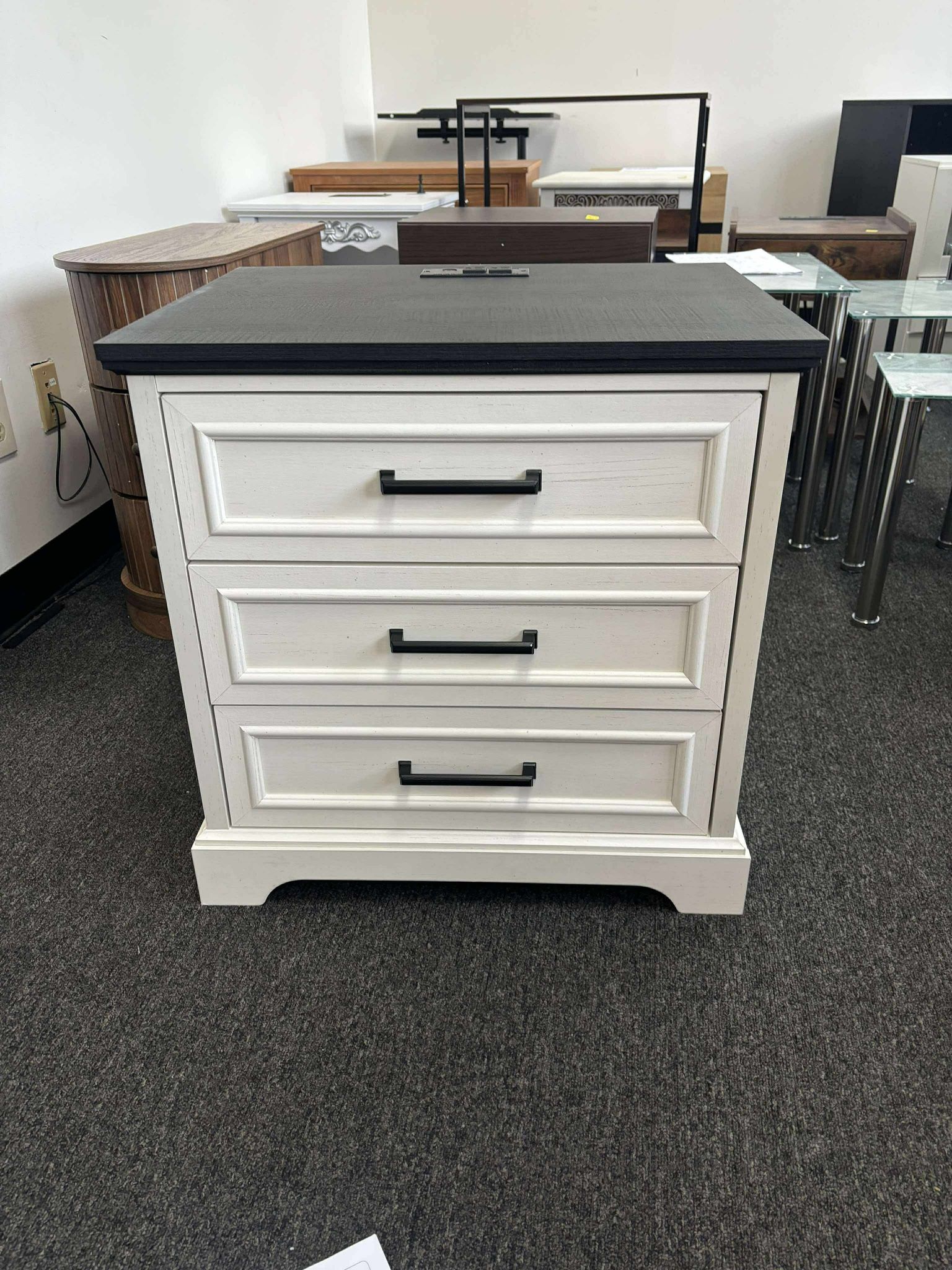 24" Wide Farmhouse Nightstand with Charging Station & 3 Drawers & Handles, End Table
