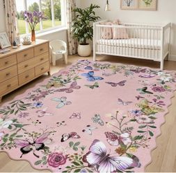 Washable Scalloped Butterfly 5x7 Area Rug, Soft Non-Slip Pink Floral