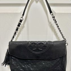 Tory Burch Fleming Distressed Leather Fold-Over Hobo - Black