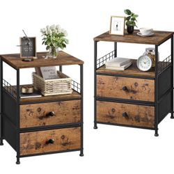 Nightstands Set of 2, Bedside Table with Fabric Drawers and Open Wood Shelf Storage, Bed Side Table with Metal Frame, Night Stand for Bedroom,