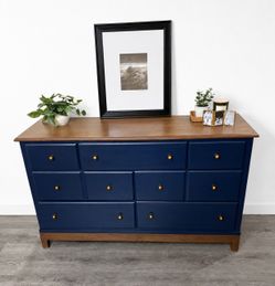 Refinished Bassett Solid Wood Dresser – Midnight Blue & Walnut