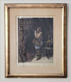 Antique Paul-Adolphe Rajon Petruchio Shakespeare Etching on Silk 20x30 Framed