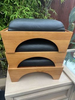 Vintage MCM Stackable Foot Stools Black Seat Natural Wood