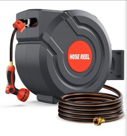 Retractable Garden Hose Reel 130 FT 1/2 Inch 180° Swivel Automatic Slow Return Any Length Lock Hose Reels for Outside 9 Pattern Sprayer Nozzle UV Resi