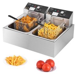 Deep Fryer with Basket, 3400w 9.1Qt Oil Tank / 4Qt Basket x 2, Stainless Steel Countertop Electric Fryer for Home and Commercial Use, Oil Fryer with T