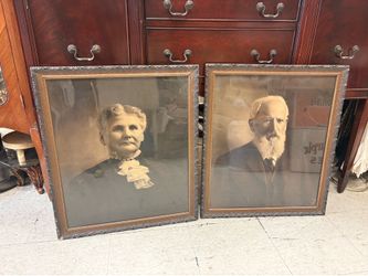 Antique Wood Framed Wavy Glass Portraits 21.5x25