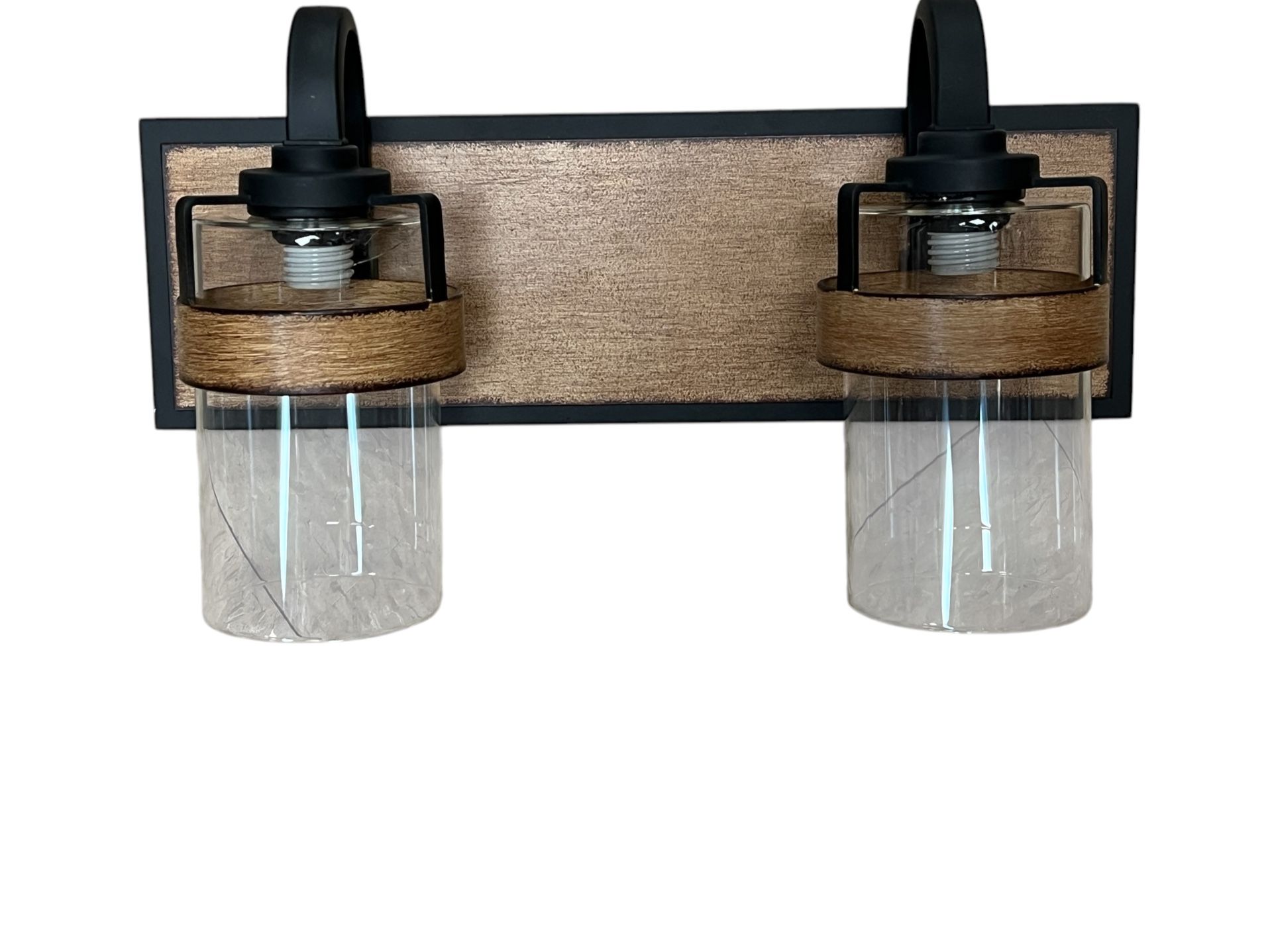 2-Light Farmhouse Vanity Lights for Bathroom, Rustic Bathroom Light Fixtures with Pretty Glass Shade, Black Industrial Wood Grain Wall Sconce for Bath