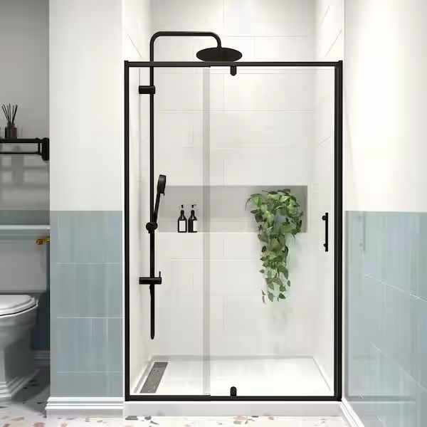 Imperial Modern 42 in. W x 71 in. H Pivot Swing Semi-Frameless Shower Door in Matte Black Finish with 1/4 in. (6mm) Clear Glass
