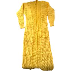 Women’s Yellow Cable Knit Maxi Cardigan Sweater Size Small 50” Long Open Front Pockets 