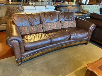 Brown Leather Three Seater Couch with Wood Base Frame
