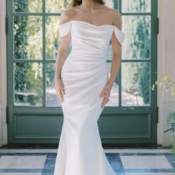 Anne barge Timeless Off The Shoulder Fit And Flare Wedding Dress With Buttons