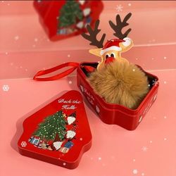 Christmas Deer Keychains Reindeer Pom Pom Keyrings Animal Bag Key Pendant Keyfob for Backpack Purse Cellphone or Car Pendant (Premium gift box)