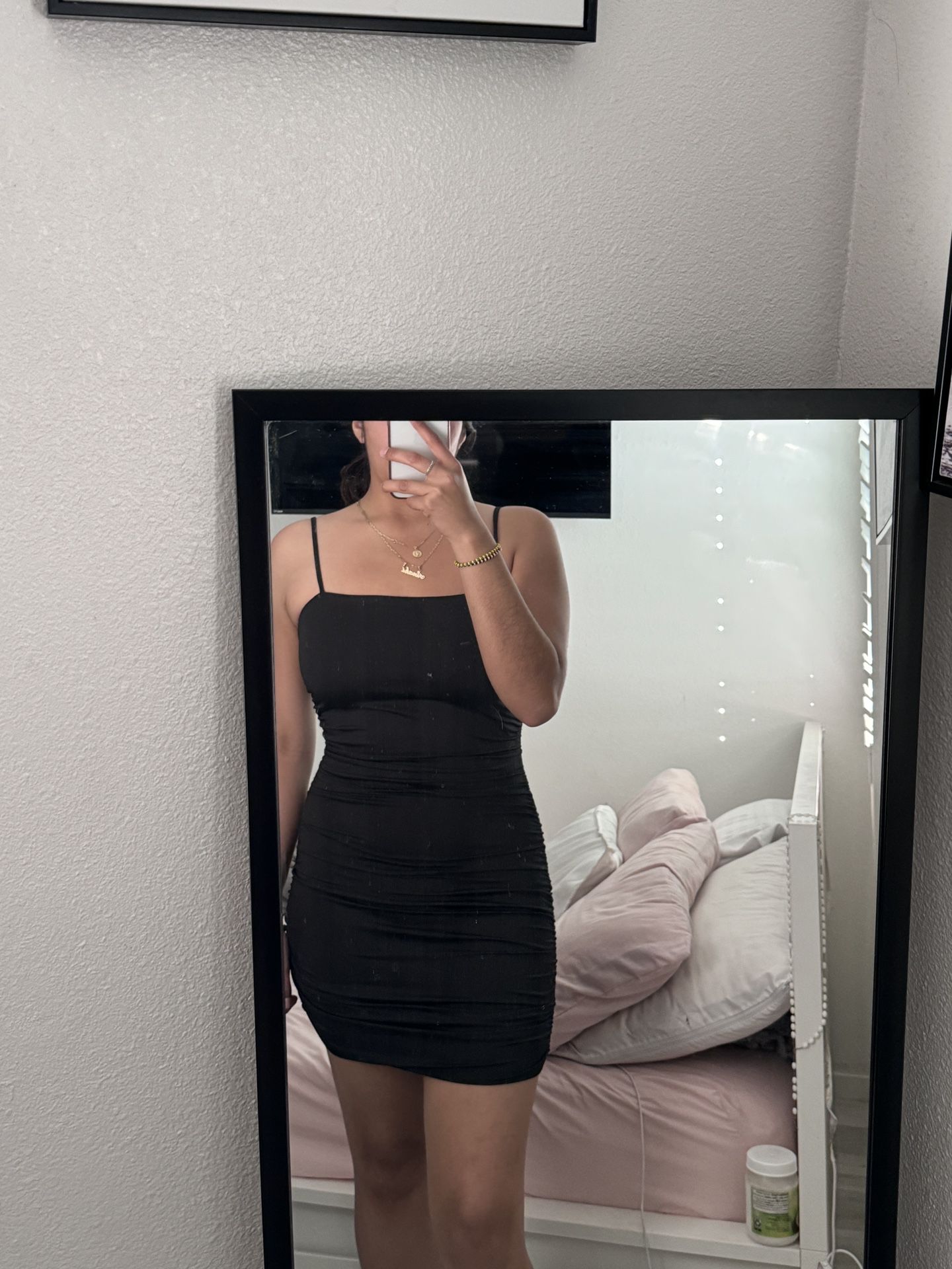 black dress, open back