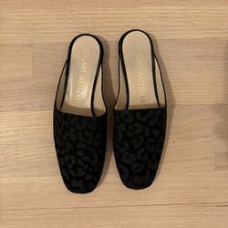 $375 Stuart Weitzman Women’s Black Mulearky Leopard Flats Slides Leather US8