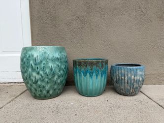 Set of 3 Glazed Ceramic Textured Glazed Planters - Teal, Green, Blue