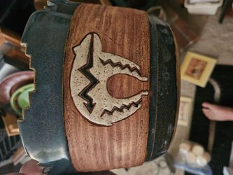 Handmade Ceramic Pot with Wood and Carved Inlay