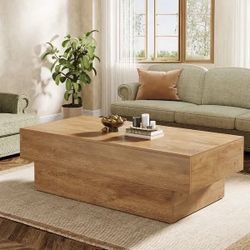 55-Inch Farmhouse Wood Coffee Table, Rustic Large Rectangle Tea Table, Vintage Center Table, Light Brown.