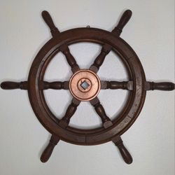 RARE Antique Mahogany and Copper Ship's Wheel
