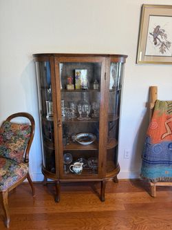 Antique oak curved curio cabinet -STUNNING