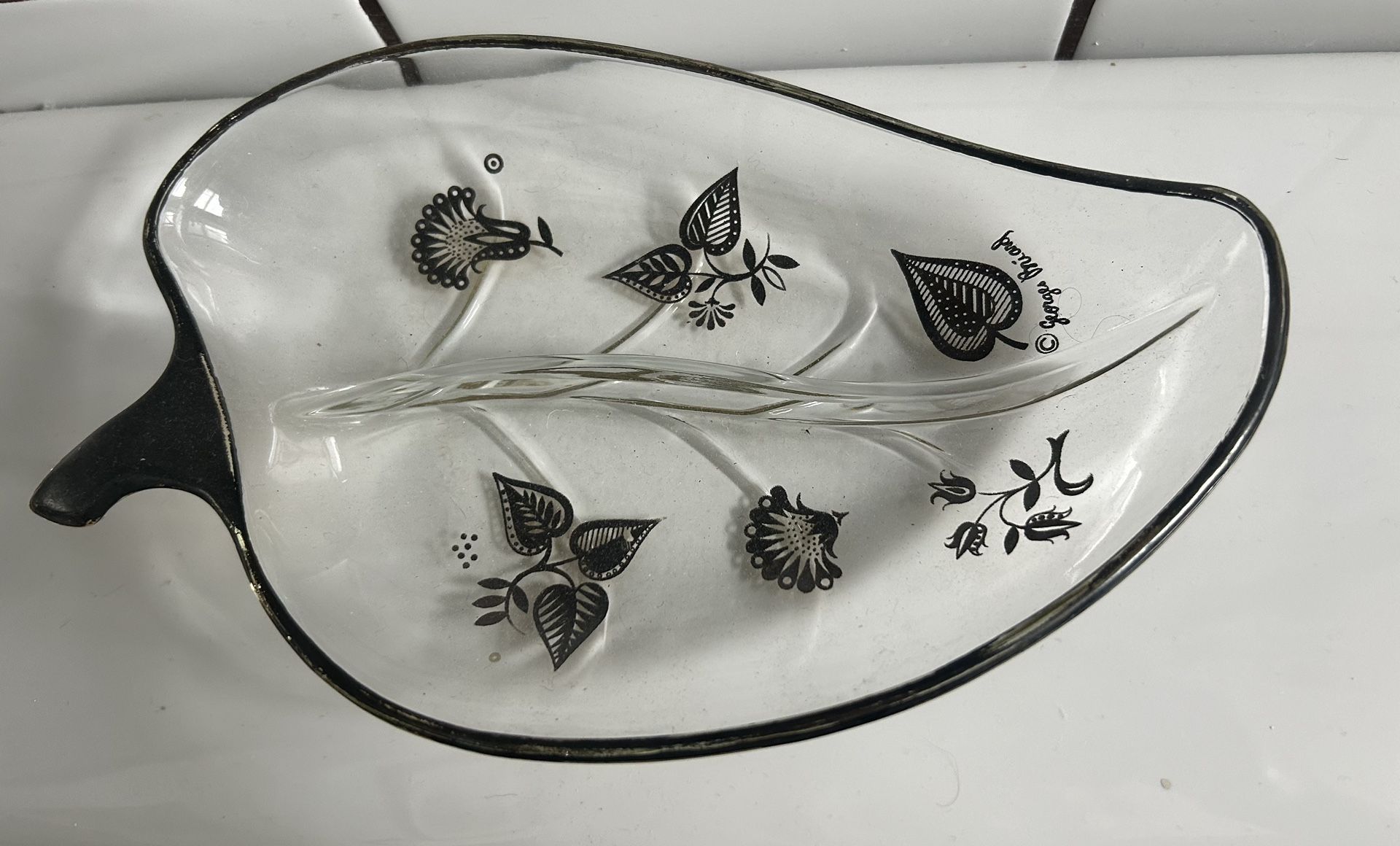 George Briard Vintage Leaf Dish with Black/Silverish Decoration