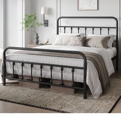 Classic Metal Platform Bed Frame Mattress Foundation with Victorian Style Iron-Art Headboard/Footboard/Under Bed Storage/No Box Spring Needed/Queen Si