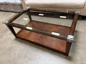 Amber Finished Glass Top 2 Tier Wooden Frame Coffee Table
