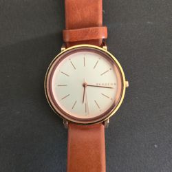 Skagen Denmark Women's Quartz Watch - Rose Gold & Brown Leather (New Battery)