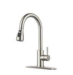 FORIOUS Kitchen Faucets with Pull Down Sprayer, High Arc, Brushed Nickel Stainless Steel Single Handle, Classic Bar Sink Faucet with Deck Plate for 1