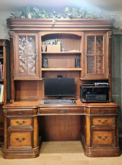 Solid wood desk unit with shelves and cabinets