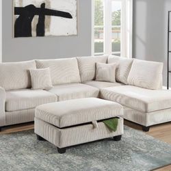 Corduroy Sectional Sofa With Ottoman Storage 