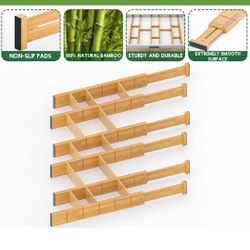 Bamboo Drawer Dividers with 12 Inserts,16.3-22inches,Expandable Kitchen Drawer Organizer,Adjustable Drawer Separators for Bedroom Bathroom Dresser 6 P