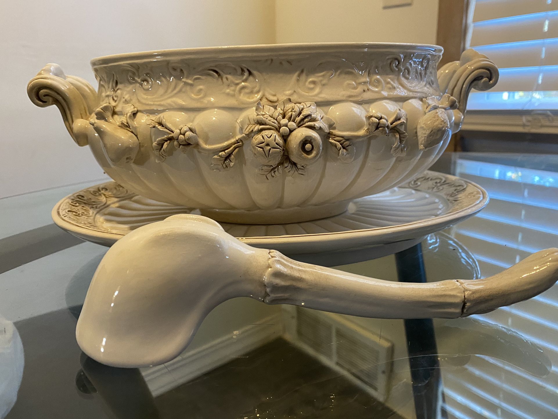 Vintage Italian Porcelain Serving Bowl With Tray and Spoon