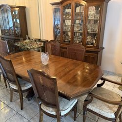 Vintage Ethan Allen Solid Wood Dining Room Set – China Cabinet, Buffet, Table & 6 Chairs