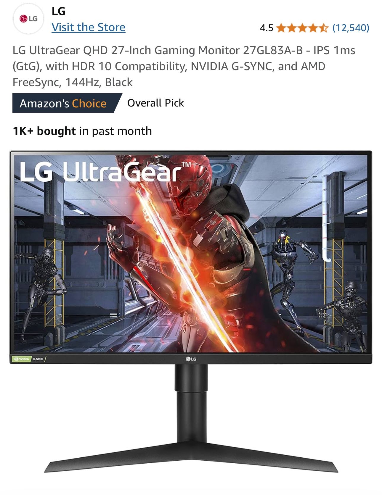 27” LG 1440p 144hz Gaming Monitor