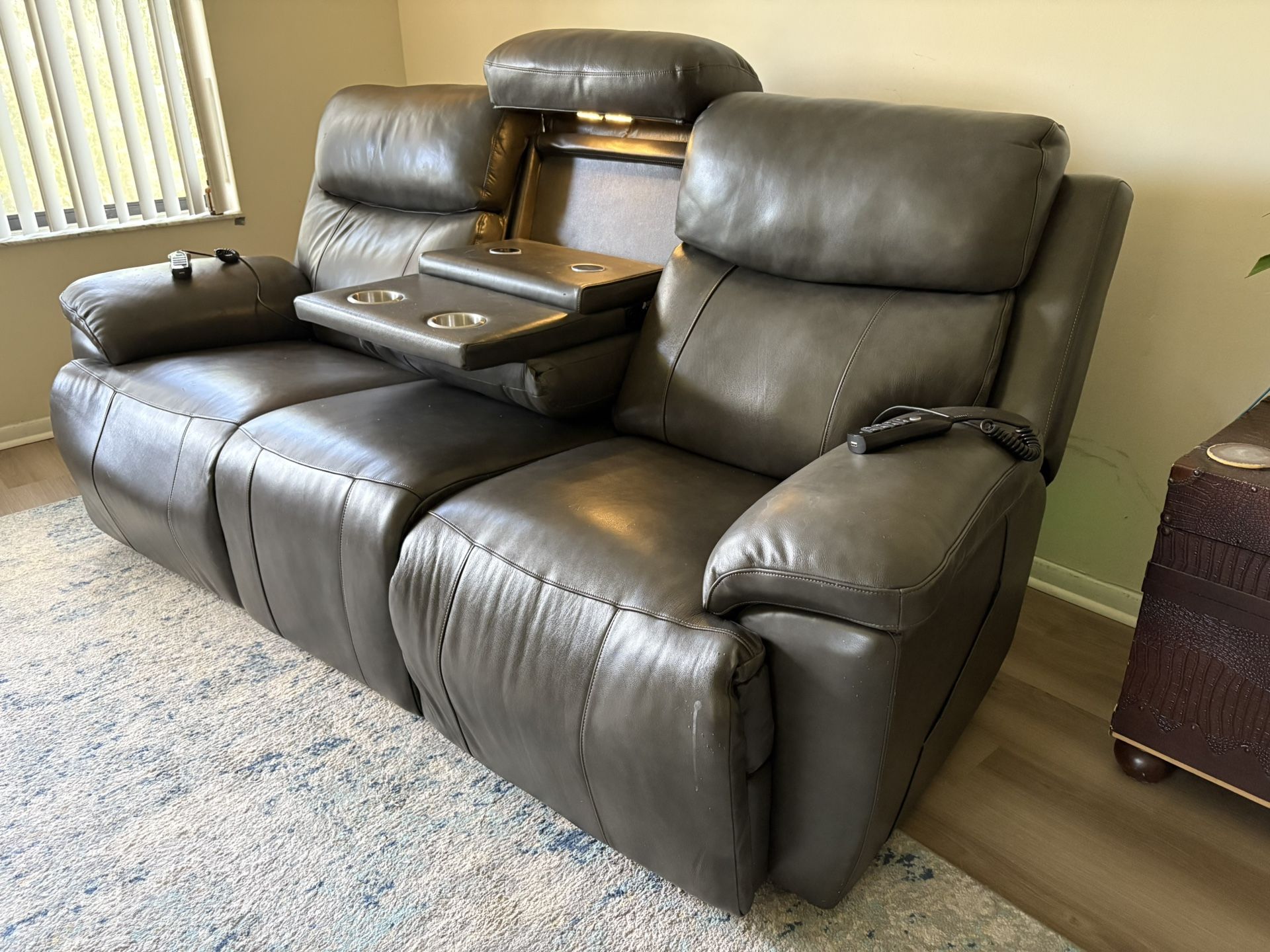 Gray Leather Sectional W/ Remote Controlled, Heated Seats, Massagers Phone Chargers