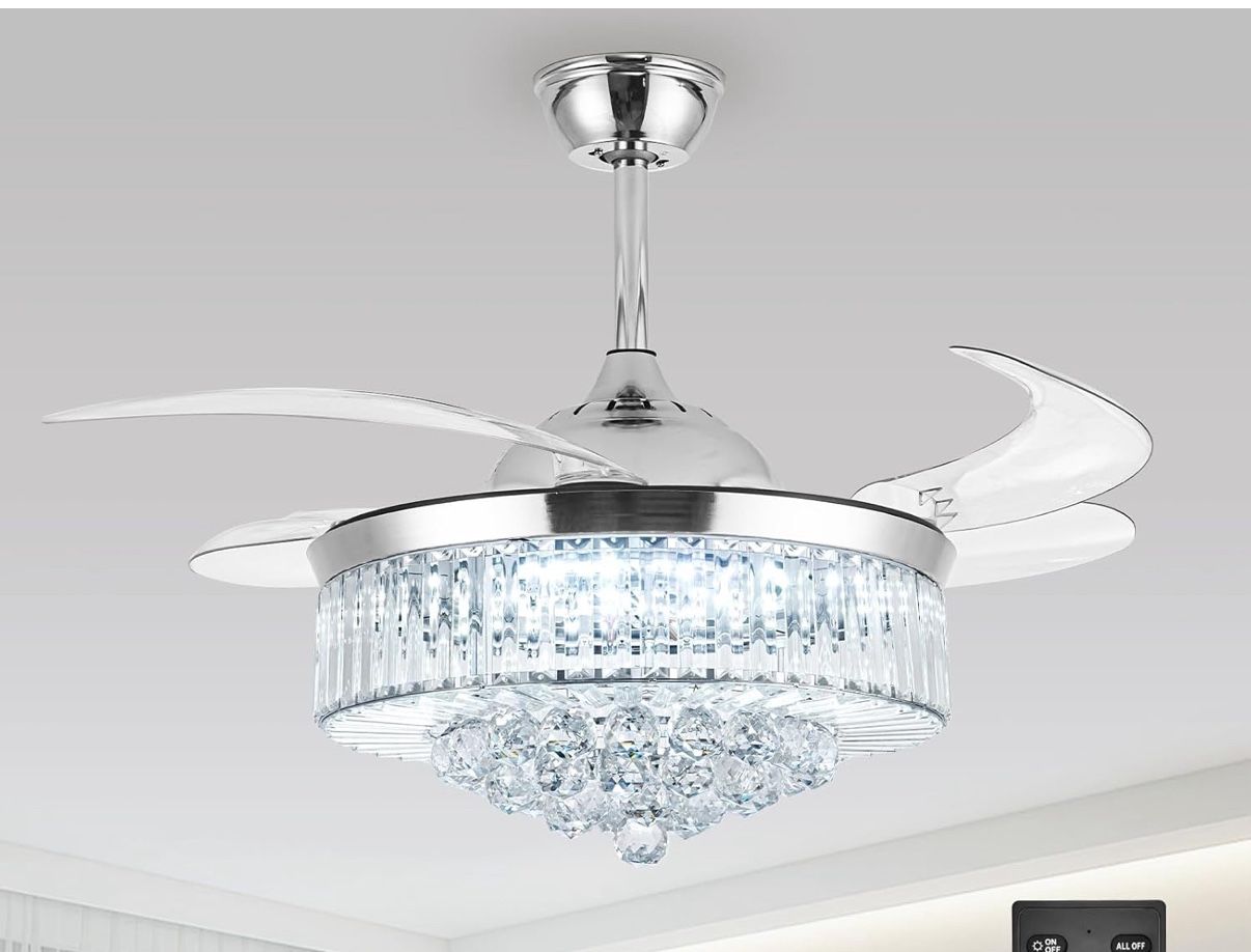 DLLT 42'' Retractable Crystal Ceiling Fan with Light, Modern Silver Fandeli (SR)