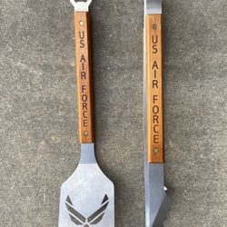 US Air Force Spatula & Tongs Grill Set Barbeque Tools With Wooden Handles 