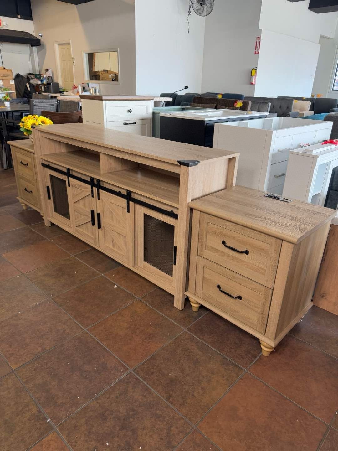 🔥(Set of 3) Natural Oak 2 Drawer Sideboards, Table Nightstand Set with Built-in Outlets, TV Stand Farmhouse Entertainment Center for TVs up to 65 Inc