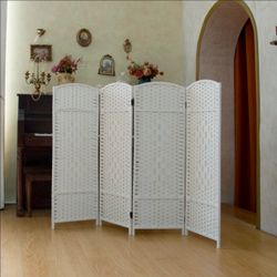 Pawlabay Compact 4 Panel Short Room Divider, 47.2 Inch Tall Double-Sided Rattan Folding Privacy Screen for Home & Office,White
