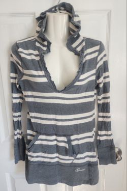 GUESS Long Sleeve Sz L (Small) Pullover Top Hoodie White/Gray Stripe w/ pocket 