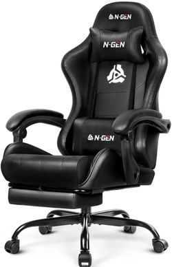 N-GEN GAMING Gaming Chair with Footrest, Lumbar Support, High-Back, Black
