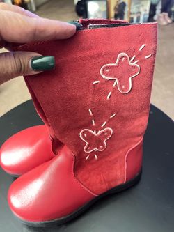 red leather and suede/fabric mid-calf boots