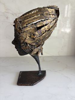 Brutalist welded metal bust sculpture by Delbert Hodges