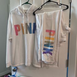 White And Rainbow Pink Hoodie And Sweat Pants Set