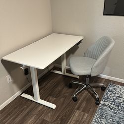 White and grey standing desk and chair. Like new