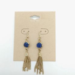 Gold Tone Blue Tassel Chain Long Dangle Drop Pierced Earrings