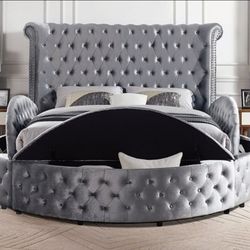 Brand New Grey Velvet Queen Storage Platform Bed Frame (Available in Eastern King)