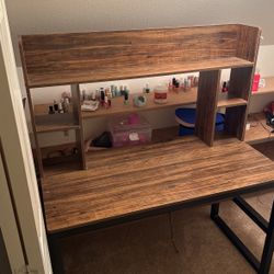 brown desk with shelving black metal legs
