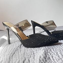 Black Pointy toe, high heels with rhinestones