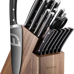 Emojoy Knife Set, Kitchen Knife Set with Block – 17 PCS German Titanium Steel Knives with Heavy-Duty Acacia Wood Block and Built-in Sharpener for Home
